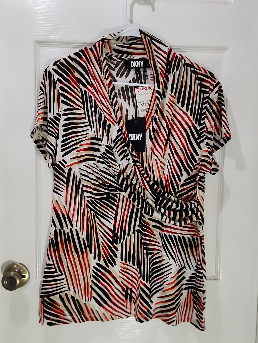 NWT DKNY Red Black White Abstract Surplice Short-Sleeve Top, SIZE XL